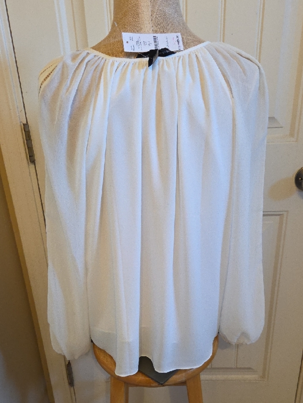 NWT White House Black Market White Tie-neck Sheer Sleeve Blouse - Picture 2 of 5